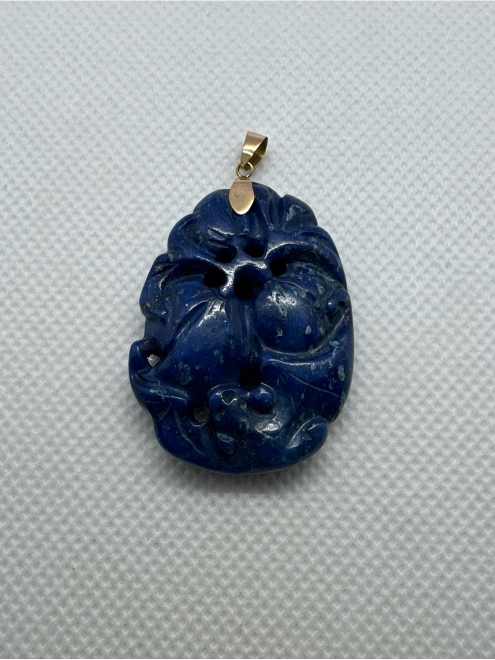 Vintage 14K Yellow Gold Carved Blue Lapis Lazuli Pendant Flower 585 12g